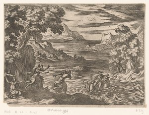 Landschap met de ontvoering van Europa. Landschappen met mythologische scènes door Antonio Tempesta