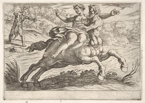 Nessus probeert Dejanira van Hercules te nemen: Nessus houdt Dejanira op zijn rug..., 1608 door Antonio Tempesta