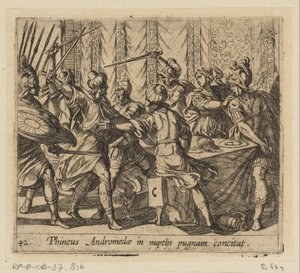 Phineus verstoort de bruiloft van Perseus en Andromeda door Antonio Tempesta