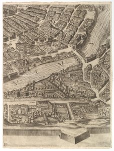 Plan van de Stad Rome. Deel 10 met de Tiber en de Villa Farnesina door Antonio Tempesta