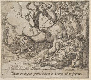 Plaat 105: Diana richt haar boog op Chione, die vergezeld wordt door twee kinderen, 1606 door Antonio Tempesta