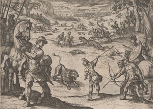 Plaat 11: Alexanders Leeuwenjacht, uit De Daden van Alexander de Grote, 1608