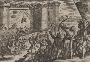 Plaat 14: Nieuwe aanval op het oude fort, uit De oorlog van de Romeinen tegen de Bataven..., 1611 door Antonio Tempesta