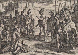 Plaat 15: Civilis onderhandelt met een Romeinse commandant, uit De oorlog van de Romeinen tegen de..., 1611