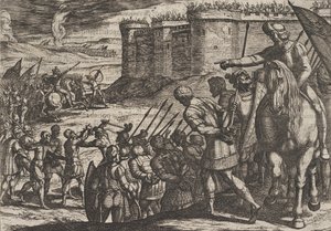 Romeinse gevangenen voor het oude fort, uit De oorlog van de Romeinen tegen de B...