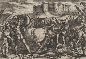 De Romeinen misleid door het paard van Civilis om te geloven dat hij dood of gewond was, 1611 door Antonio Tempesta