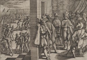 Plaat 18: Geheime bijeenkomst van Civilis met andere leiders uit Trier, uit De Oorlog van de Romeinen, 1611 door Antonio Tempesta
