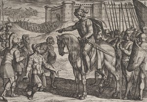 Plaat 19: Mannen van het Fort Geven Zich Over en Beloven Hun Levens aan Civilis, uit De Oorlog, 1611