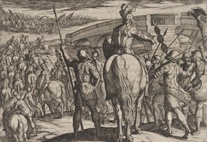 Plaat 24: De voorhoede van de nieuwe Romeinse troepen teruggedreven, uit De oorlog van de Romeinen door Antonio Tempesta