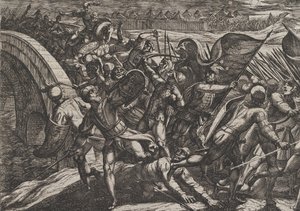 De Nederlanders tijdens een verrassingsaanval op het Romeinse kamp aan de Moezel, uit De Wa..., 1611 door Antonio Tempesta