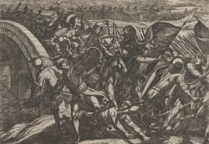 Plaat 27: De Nederlanders Tijdens een Verrassingsaanval op het Romeinse Kamp aan de Moezel, uit De Wa..., 1611 door Antonio Tempesta