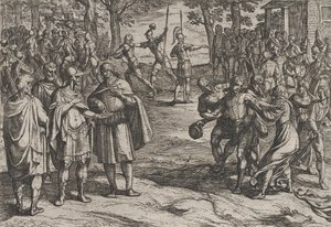 Plaat 2: De Romeinen nemen Oude Nederlandse Mannen als Gijzelaars en Verleiden Jonge Mannen, uit De Oorlog..., 1611
