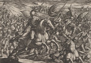 Plaat 30: Cerialis drijft de Nederlanders de Rijn in, uit De oorlog van de Romeinen tegen de..., 1611