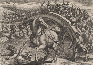 Plaat 31: Civilis gedwongen om af te stijgen en de rivier over te zwemmen, uit De Oorlog van de Romeinen..., 1611 door Antonio Tempesta