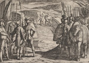 De Bataven worden bang en beginnen vredesbesprekingen, uit De oorlog van de Romeinen, 1611