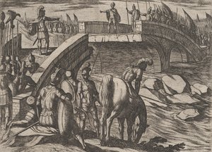 Plate 36: Civilis en Cerialis ontmoeten elkaar op een gebroken brug om een akkoord te bereiken, uit De Oorlog van... door Antonio Tempesta