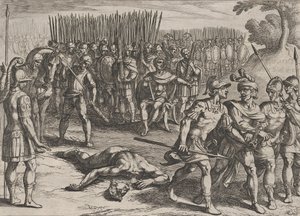 Plaat 3: Claudius Civilis gearresteerd en zijn broer Paulus onthoofd, uit De Oorlog van de Ro..., 1611 door Antonio Tempesta