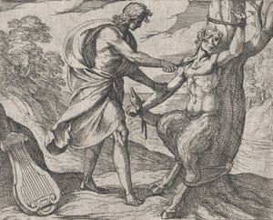 Plaat 58: Apollo doodt Marsyas Marsyas victus ab Apolline excoriatur, uit Ovidius