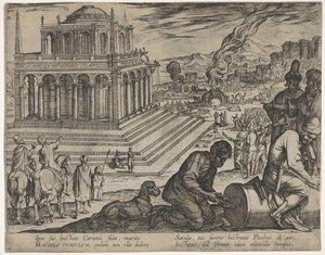Plaat 5: Graf van Mausolus, steenhouwers maken rechts een zuil, uit De Zeven Wonderen door Antonio Tempesta