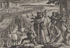 Vrouwen en kinderen observeren Civilis die tegen de Romeinen vecht, uit De Oorlog van de Romeinen door Antonio Tempesta