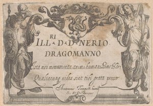 Titelprent met cartouche met opdracht, geflankeerd door Minerva en Faam