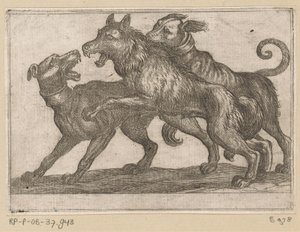Twee honden in gevecht met een wolf door Antonio Tempesta