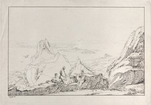 Bergachtig landschap met twee mannen op de voorgrond, 1828 door Antonio Vianello