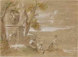 Een landschap met zittende soldaten en vissers door Antonio Visentini