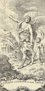 Een engel die een jonge jongen leidt en naar de wolken wijst