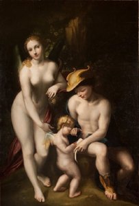 Venus met Mercurius en Cupido, De school van de liefde, door Antonio da Correggio, tentoongesteld in het château de Chenonceau. door Antonio da Correggio