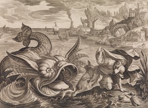 Jona aan land gezet door de vis door Antonius Wierix