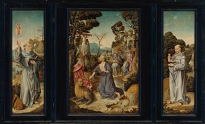 Een drieluik: Scènes uit het leven van St. Jerom, St. Antonius van Padua, St. Bernardus van Clairvaux