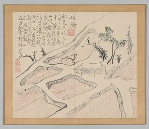 Dubbel album van landschapsstudies naar Ikeno Taiga, Volume 2 blad 35, 18e eeuw door Aoki Shukuya