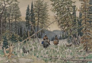 Jagers te paard in een dennenbos door Apollinari Mikhailovich Vasnetsov