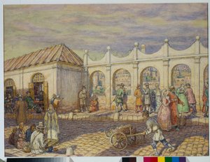 Straatscène op de stenen brug (brug van alle Heiligen) in Moskou ten tijde van Peter de Grote door Apollinari Mikhailovich Vasnetsov