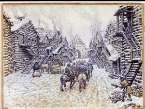 Oud Moskou. Traditionele houten architectuur onder de sneeuw door Apollinari Mikhailovich Vasnetsov