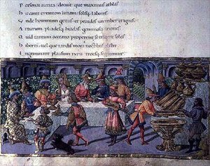 Ms 492 f.75 Banketscène, uit de Aeneis door Apollonio di Giovanni di Tommaso