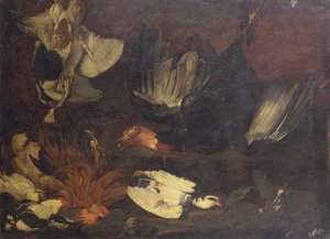 Een dode kalkoen, duiven, een haan en andere vogels op een rotsachtige oever