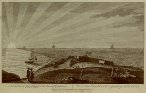 Een groep soldaten rust op een heuvel in de voorgrond, met Fort Royal daarachter, zeilschepen en de zon die ondergaat in de zee op de achtergrond door Archibald (after) Campbell