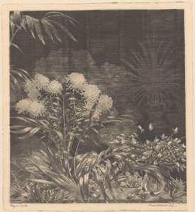 Interieur met bloemen in vazen en planten in potten door Arend Hendriks (signed by artist)