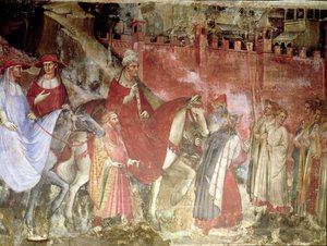 De Geschiedenis van Paus Alexander III (1105-81): De Intocht van de Paus en Keizer Frederik Barbarossa (c.1123-90) in Rome, 1407 (detail) door Aretino Luca Spinello or Spinelli