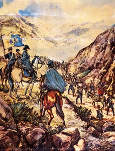 Generaal Jose de San Martin, ook bekend als de bevrijder van het zuiden, steekt met zijn leger de Andes over richting Peru door Argentinian School