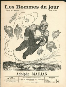 Omslag van "Les Hommes du jour", ca. 1905 - Illustratie door Aristide Delannoy (1874-1911): Ballonnen van ballonnen - Clemenceau George, Jaures Jean, Fallieres Armand (1841-1931), Maujan Adolphe (1853-1914)