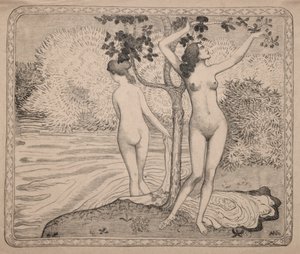 Twee baders onder een boom aan de waterkant door Aristide Maillol