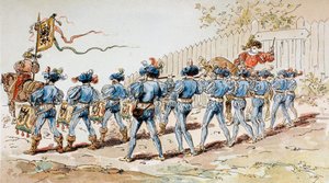 Een 16e-eeuwse marsband met trommels en fluiten door Armand Jean Heins