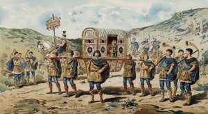 Draagstoel met Begeleiding, Vergezeld door Buccina Spelers. Tijd van Karel de Grote, 9e Eeuw
