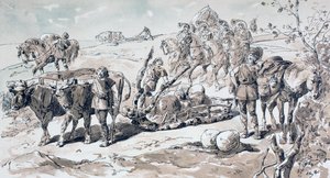 Ossen trekken een primitieve slee beladen met stenen door Armand Jean Heins