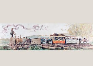 Schilderij ter viering van de eerste trein van Brussel naar Mechelen in 1835