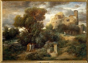 Die Pilger auf dem Weg nach Emmaus - Pelgrims op weg naar Emmaüs ... (schilderij op doek) door Arnold Böcklin