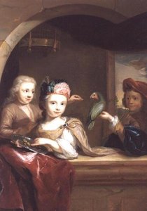 Drie kinderen met een papegaai